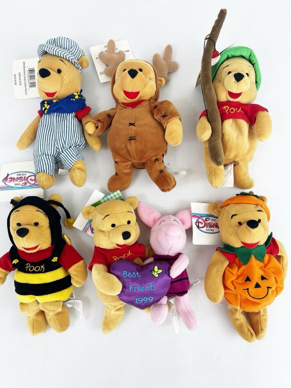 Lot 6 Vintage Disney Winnie The Pooh 8" Mini Bean Bag Plush NWT Choo Choo Bee